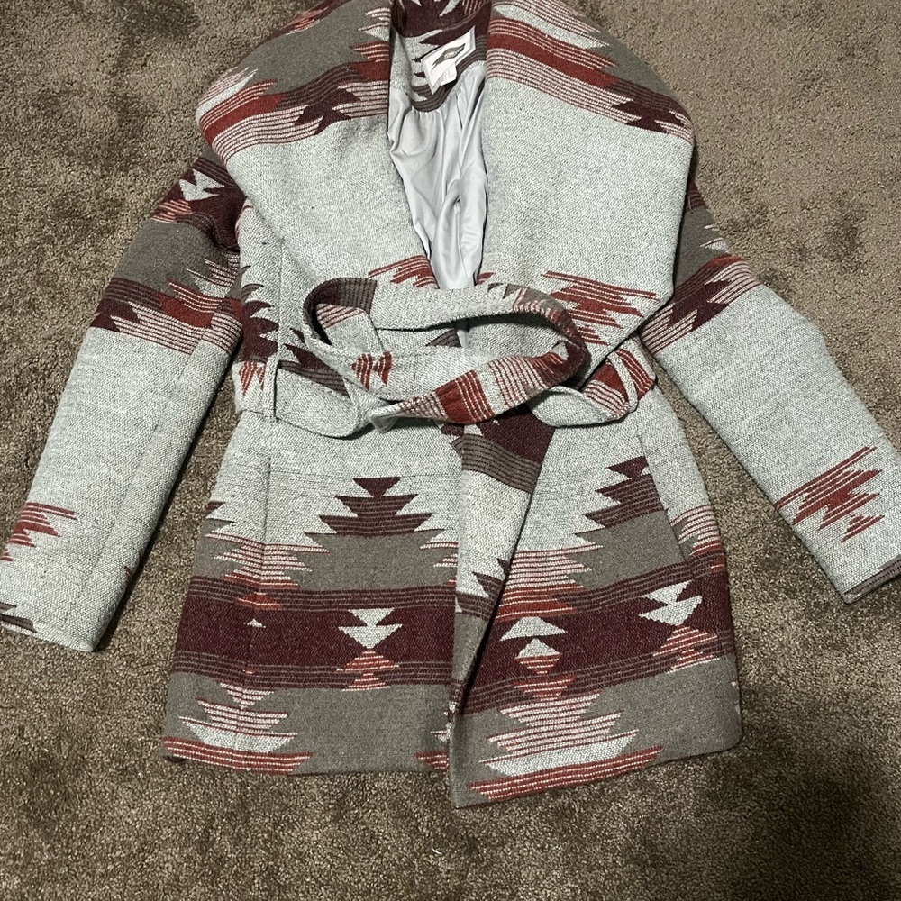 Western Aztec Patterned Belted Coat